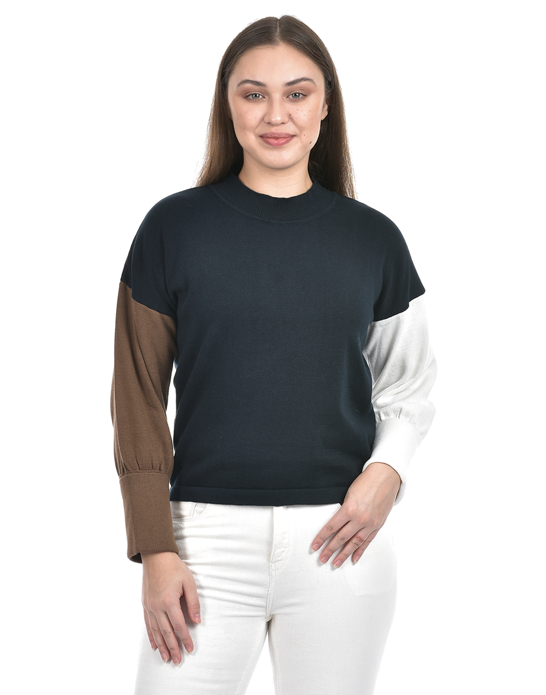 Numero Uno Women Color Block Navy Sweater